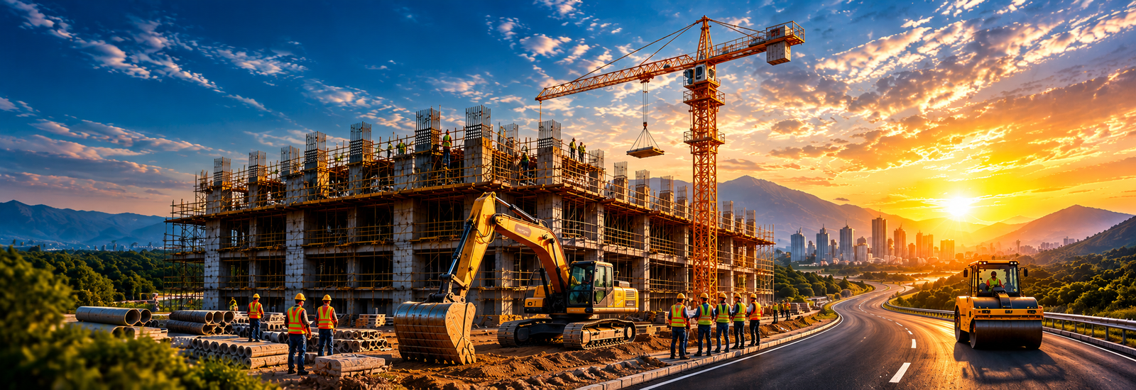 Construction site with crane, roadworks and excavator